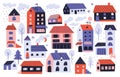 Small houses. Cute cottages. Different little cabins. Village buildings. Trendy design colored facade. Doodle real Royalty Free Stock Photo