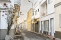 Small houses on the narrow street of historic Olhao, Algarve, Portugal