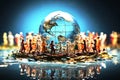 Small human dolls dance on mud around a glass globe, made with generative ai Royalty Free Stock Photo