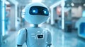 Small, humanoid robot with glowing eyes is positioned in a modern, tech-driven environment. Generative by AI