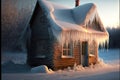 small hut completely covered with thawed icicle on house