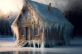 small hut completely covered with thawed icicle on house