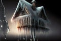 Small hut completely covered with thawed icicle on house