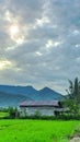 A hut in the middle of a rice field with towering mountains in the background Royalty Free Stock Photo