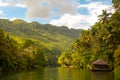 A small hut on tropical river with palm trees on both shores, Loboc river, Bohol Royalty Free Stock Photo
