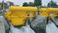 Small hydraulic structure with electric power station on the river in Piedmont, Italy. Small dam. Renewable, sustainable