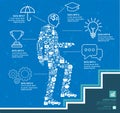 Small icons form an illustration of an entrepreneur up the stairs with business Infographic design template.