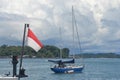 A small indonesian national flag on the fishing boat