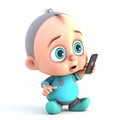 A small infant holds a smartphone in his hand and is surprised, funny cute cartoon 3d illustration on white, avatar