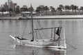 Small inshore dhow on black and white film