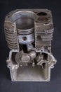 A small internal combustion engine shown in section. View of the piston and rings in the engine