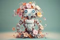 Small, intricate robot amidst colorful flowers, curious look, on a soft teal background