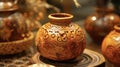 A small intricately designed gourd is filled with a pungent ambercolored liquid. This liquid is believed to improve