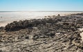 Small irregular dry stones visible at sand beach washed by sea water on a sunny day, closeup detail