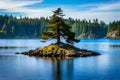 Small island with a few pine tress in mid-day, Port McNeil