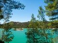 Small island in the middle of El Chorro lake in Malaga, close to Alora. Turquoise water and pine trees