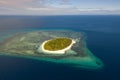 A small island surrounded by azure water and coral reefs, a top view Royalty Free Stock Photo