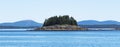 Small island with tall evergreens in waters of Bar Harbor Maine USA