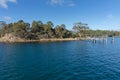 Small island with wooden jetty. Isle of the dead, Tasmania Royalty Free Stock Photo