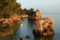 Small islands, the boat in the golden hour in Brela,Croatia Royalty Free Stock Photo