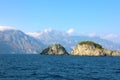 Small islands in the middle of blue sea, view from ship near Amalfi Coast, Italy Royalty Free Stock Photo