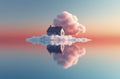 Small isolated house floating on a cloud over the water.