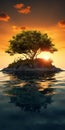 Sculpted Serenity: Photorealistic Sunset Photo Of An Island With A Tree Royalty Free Stock Photo