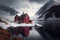 Small isolated Red house on lake with snow mountain side, Generative AI illustration Royalty Free Stock Photo