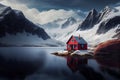 Small isolated Red house on lake with snow mountain side,Generative AI illustration Royalty Free Stock Photo