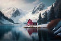 Small isolated Red house on lake with snow mountain side, Generative AI illustration Royalty Free Stock Photo