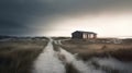 Small isolated wooden house near the ocean, on a beach with sand dunes and wild grass. Road leading to the house.Generative AI