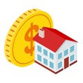 Small isometric house near with a big dollar coin. Royalty Free Stock Photo