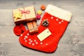 Small items stocking stuffers or fillers little christmas gifts. Contents of christmas stocking. Christmas sock toned
