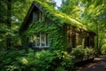 small, ivy-enshrouded wooden cottage in the forest