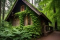 small, ivy-enshrouded wooden cottage in the forest