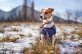 Small Jack Russell terrier stands on green grass meadow with patches of snow during freezing winter day, blurred trees and hills Royalty Free Stock Photo