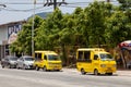 small Japanese trucks converted into taxis for tourists called tuk tuk in Thailand on the island of Phuket. Multi-colored cars on