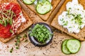 Small jar with basil microgreen sprouts and sandwiches with cream cheese, microgreens, cucumber and spices on cutting board.