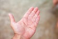 small jellyfish on a large male palm Royalty Free Stock Photo