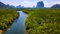 Small jetty in the middle of a huge mangrove forest with limestone cliffs (Phang-nga bay, Thailand