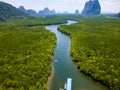 Small jetty in the middle of a huge mangrove forest with limestone cliffs (Phang-nga bay, Thailand