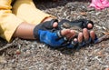 Small kid caressing a newborn bird chick Royalty Free Stock Photo