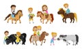 Small Kid Characters Petting The Horse Vector Illustrations
