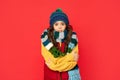 small kid with curly hair in hat feel cold. female fashion model. teen girl in scarf.