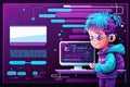 Small kid Hacker Programmer on a computer for, children coding class Banner, Poster. Royalty Free Stock Photo