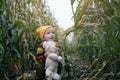 Small kid with his friend toy taddy bear exploring nature together. Cute smiling toddler child playing in autumn corn field