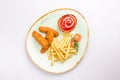Small kid`s meal. A plate of chicken nuggets with french fries with ketchup on a white background. Top view children`s menu food Royalty Free Stock Photo