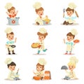 Small Kids In Chief Double-Brested Coat And Toque Hat Cooking Food And BAking Set OF Cute Cartoon Characters Preparing
