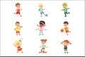 Small Kids Playing Sportive Games And Enjoying Different Sports Exercises Outdoors And In Gym Set Of Cartoon Royalty Free Stock Photo