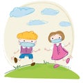 Kids are runing in respirator covid-19 vector